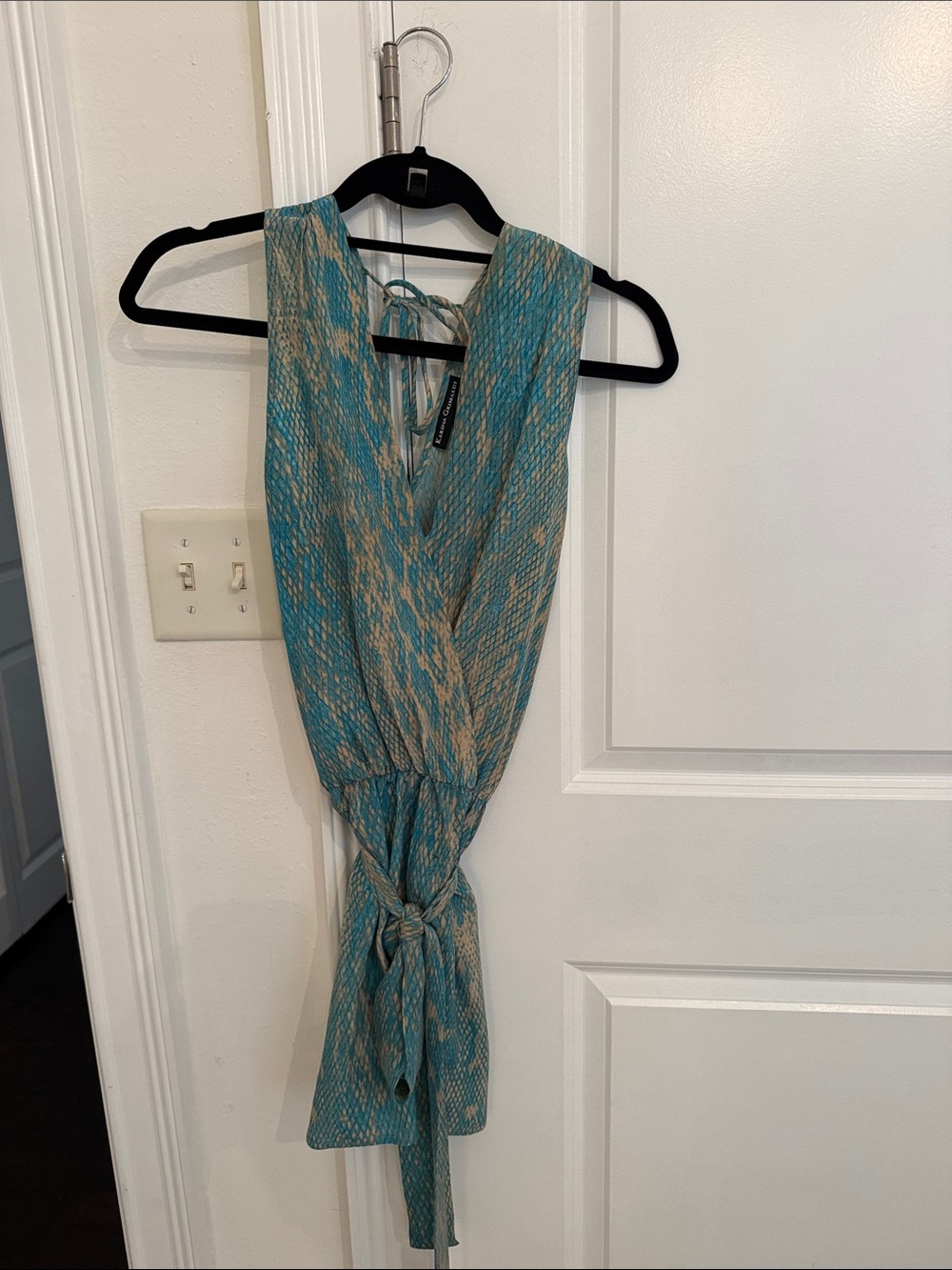Karina Grimaldi Teal and Cream Printed Snake Pattern Wrap Dress